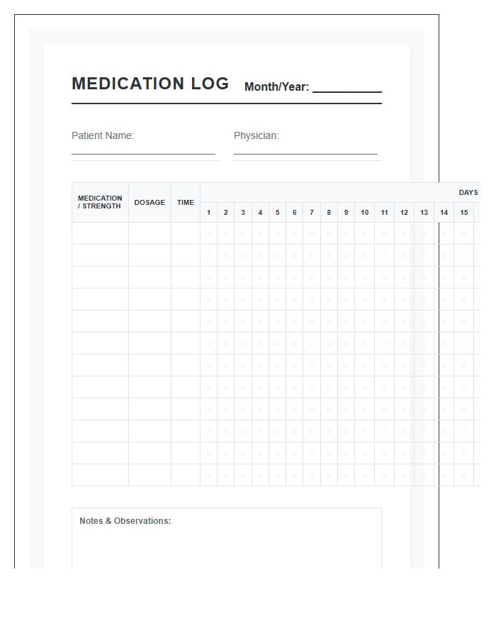 Printable Monthly Medication Schedule Log Chart Tracker