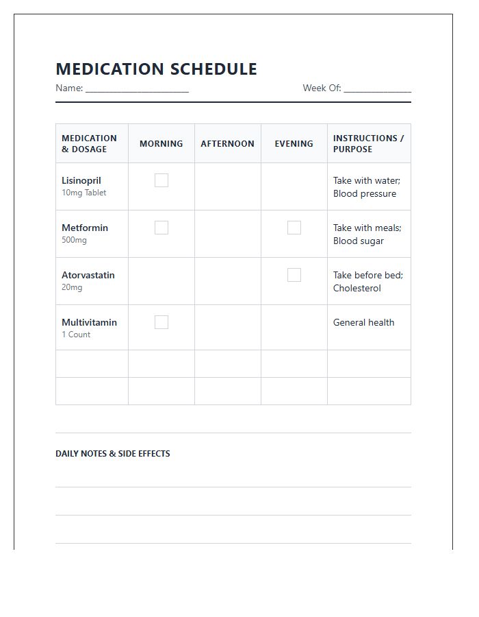Printable Morning Afternoon Evening Medication Schedule Log Chart