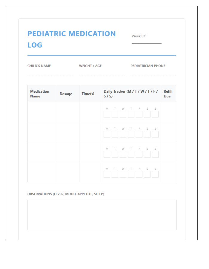 Printable Pediatric Medication Schedule Log Chart For Kids