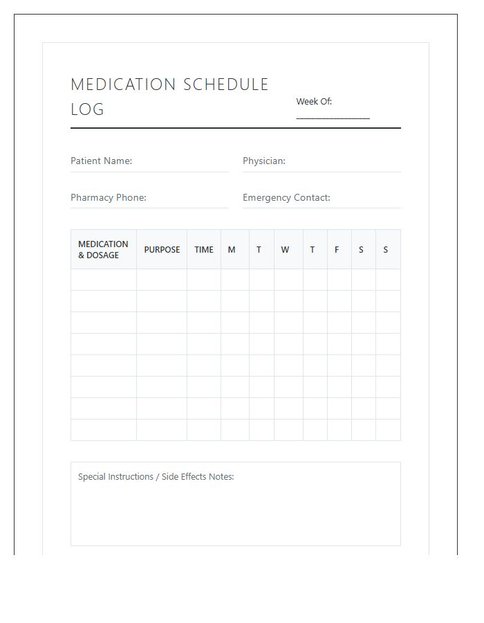 Printable Portable Medication Schedule Log Chart Journal