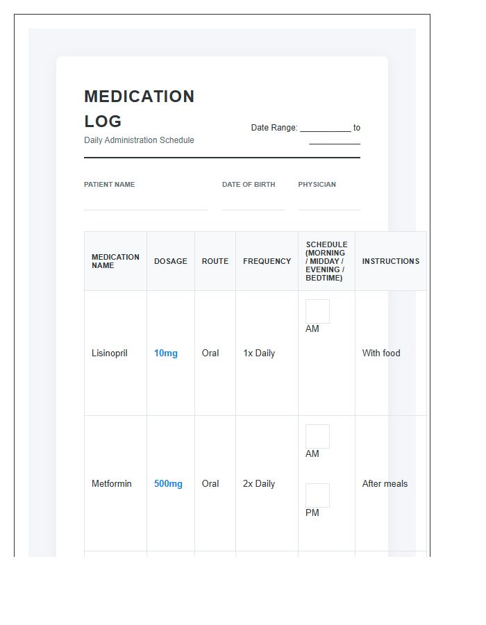 Printable Professional Medication Schedule Log Chart System