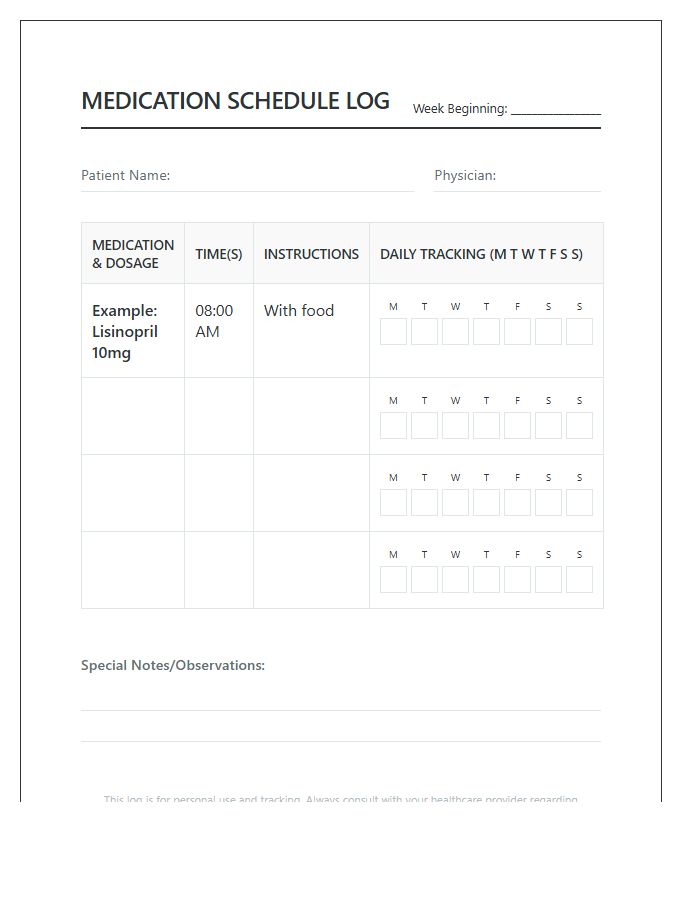 Printable Simple Medication Schedule Log Chart For Patients