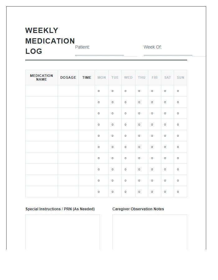 Printable Weekly Medication Schedule Log Chart For Caregivers
