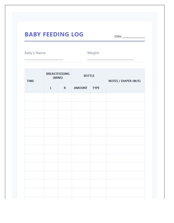 Baby Breastfeeding And Bottle Log Printable Chart