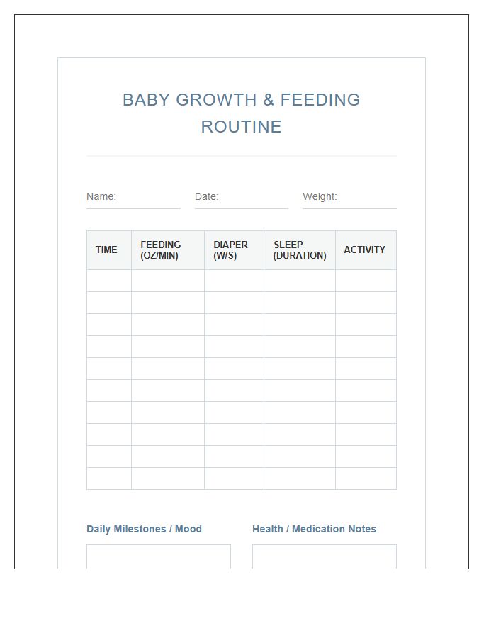 Baby Growth And Feeding Routine Printable Chart
