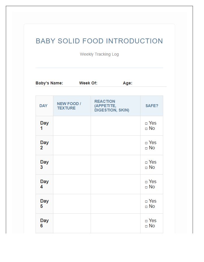 Baby Solid Food Introduction Routine Printable Chart