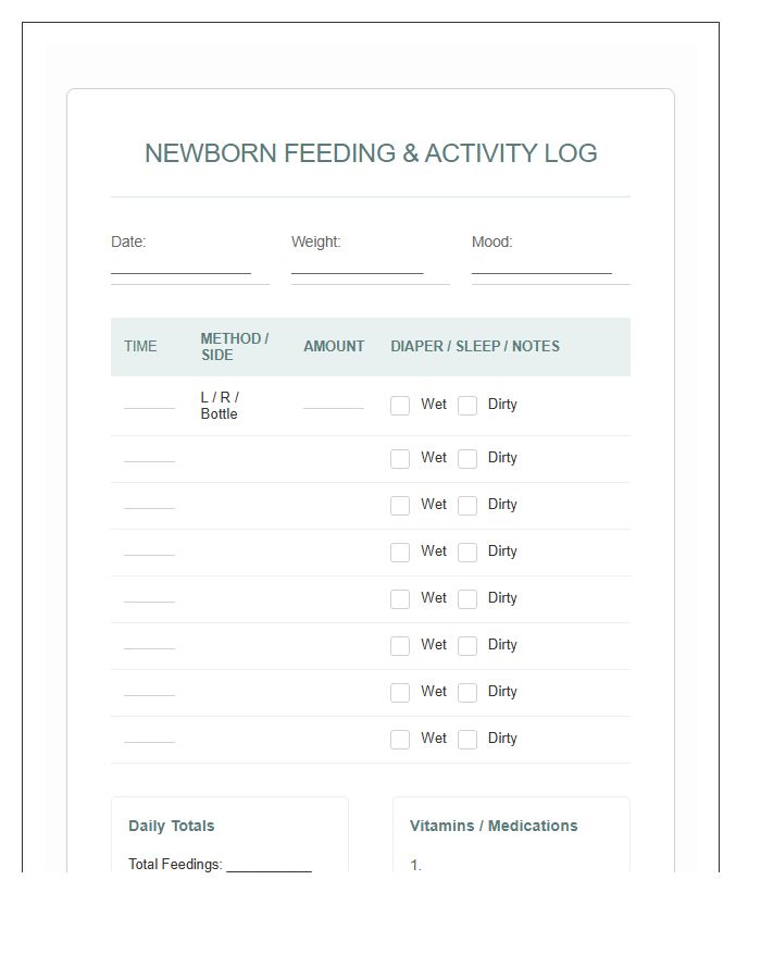 Comprehensive Newborn Feeding Routine Printable Chart