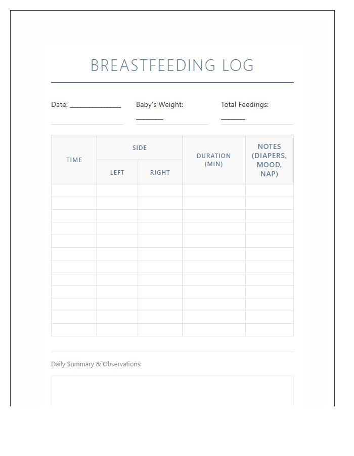 Infant Breastfeeding Frequency Log Printable Chart