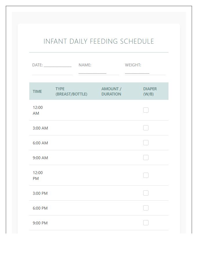 Infant Daily Feeding Schedule Printable Chart
