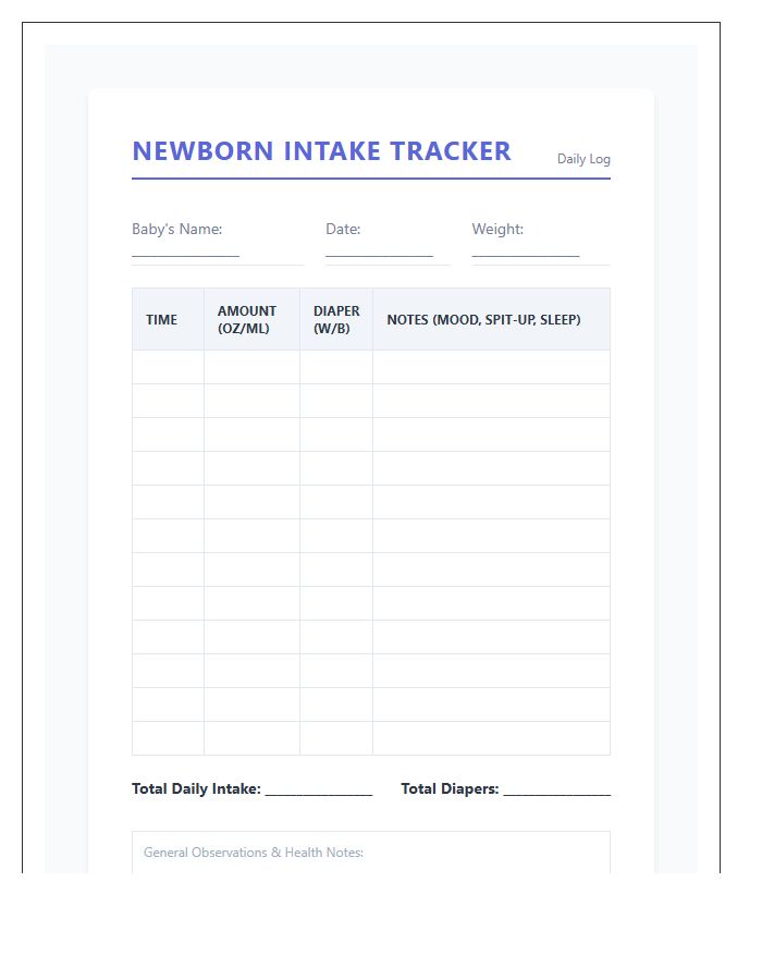 Newborn Formula Intake Tracker Printable Chart