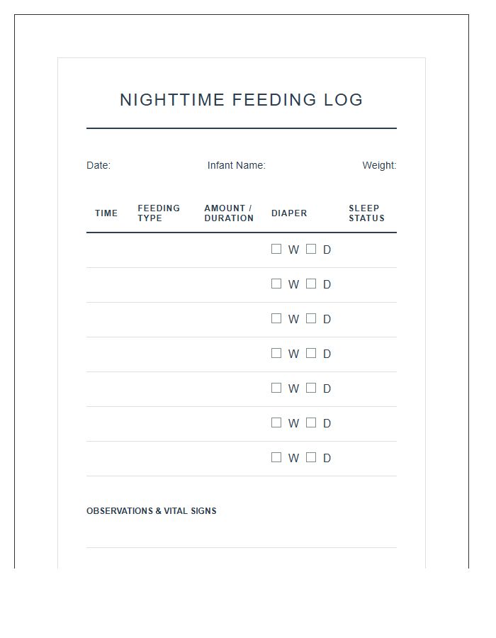 Nighttime Baby Feeding Routine Log Printable Chart