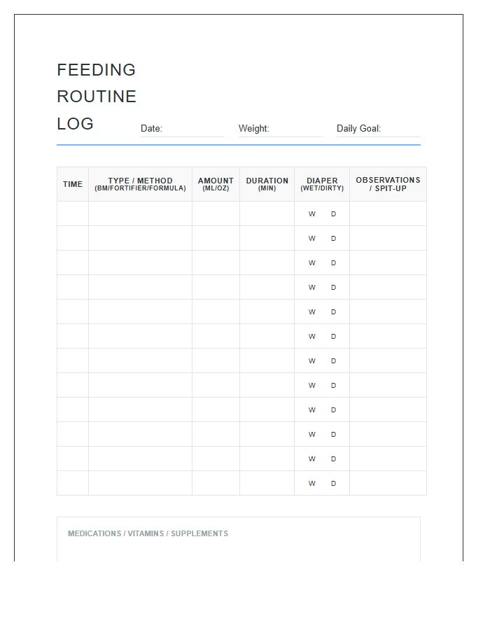 Premature Baby Feeding Routine Log Printable Chart