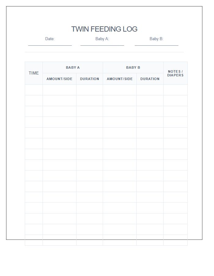 Twin Baby Feeding Routine Log Printable Chart
