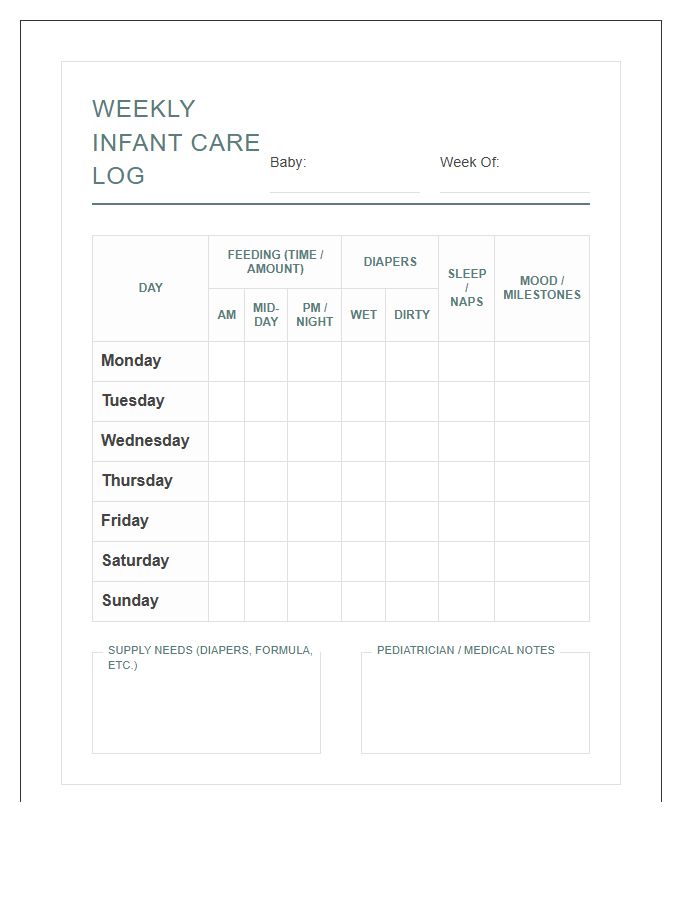 Weekly Infant Care And Feeding Printable Chart