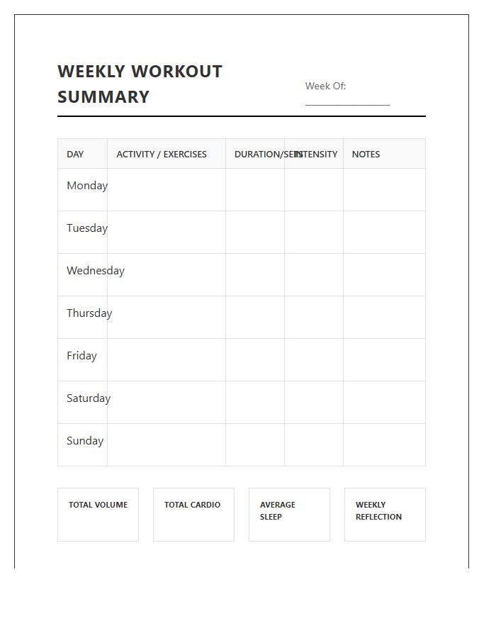 Basic Printable Weekly Workout Summary Chart
