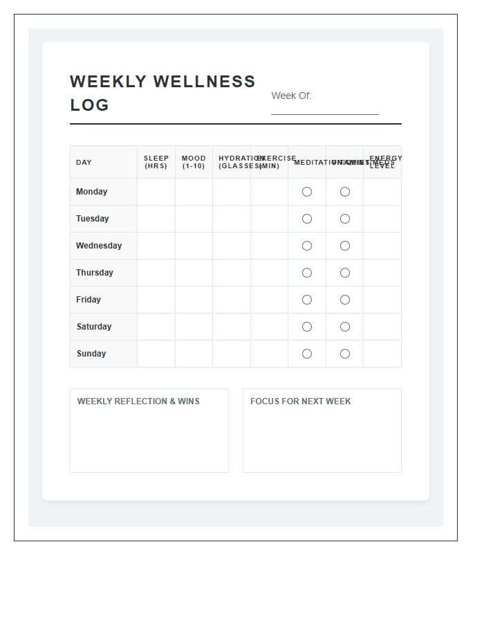 Comprehensive Printable Weekly Wellness Log Chart