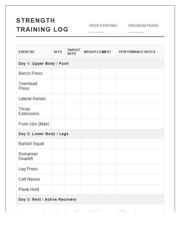 Detailed Printable Weekly Strength Training Chart