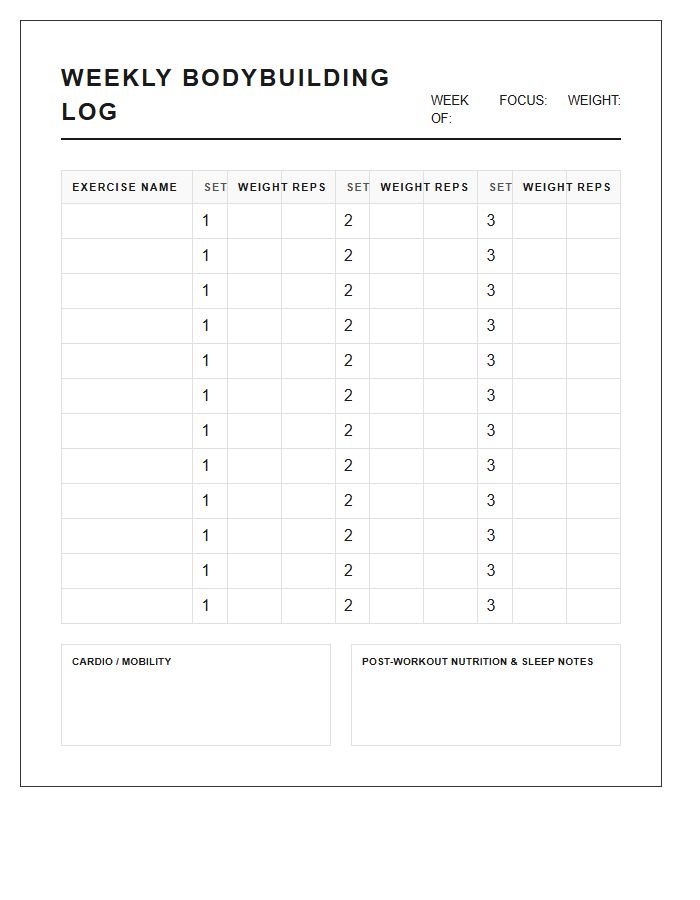 Functional Printable Weekly Bodybuilding Log Chart