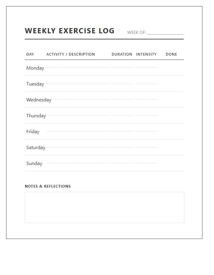 Minimalist Printable Weekly Exercise Log Chart