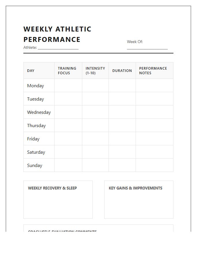 Printable Weekly Athletic Performance Chart