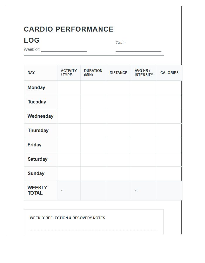 Printable Weekly Cardio Performance Log Chart