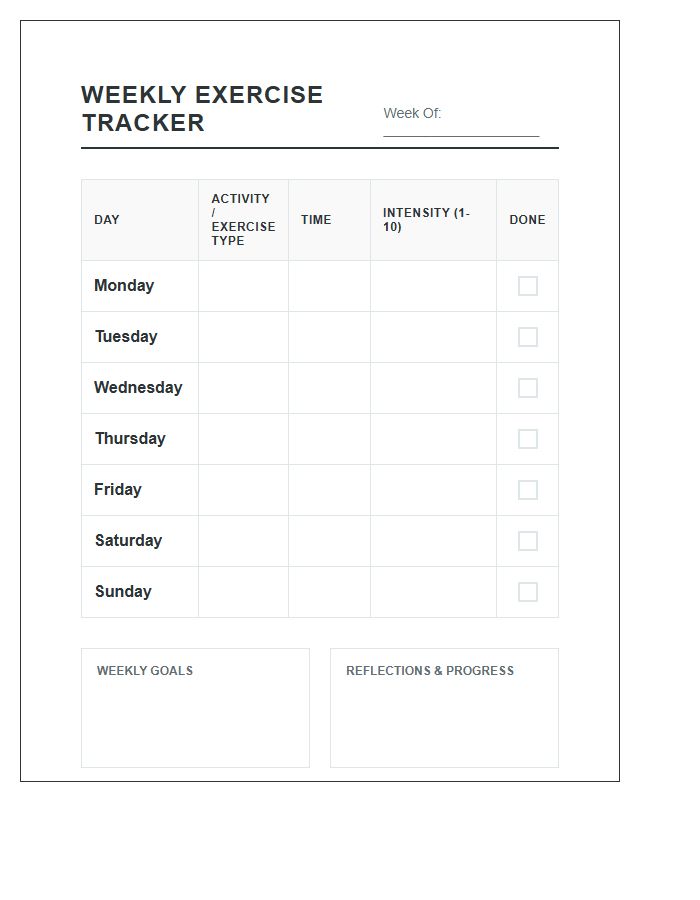Printable Weekly Exercise Frequency Tracking Chart