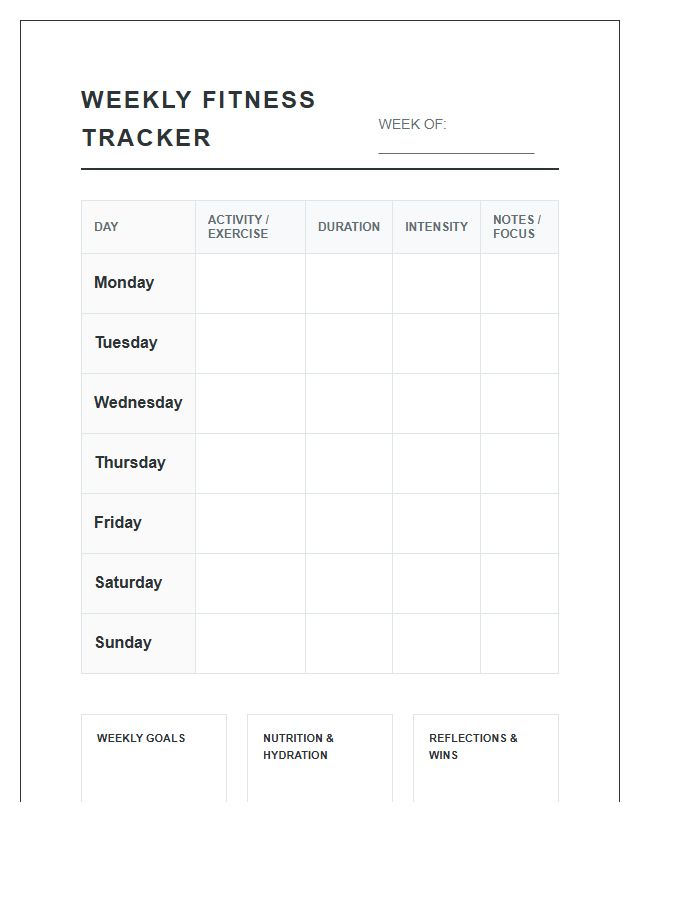 Printable Weekly Fitness Tracking Chart