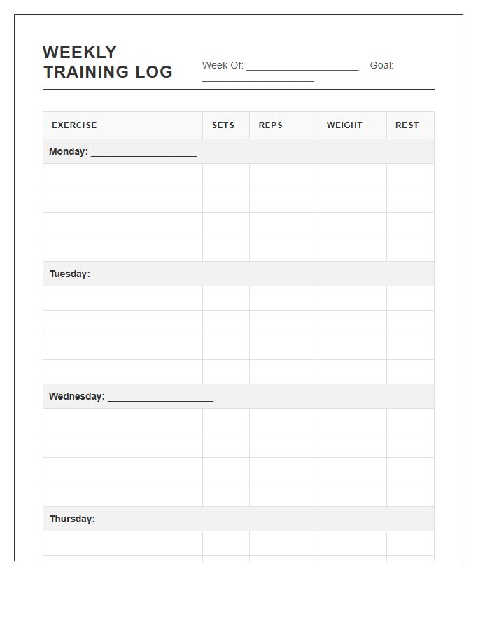 Printable Weekly Gym Session Logging Chart