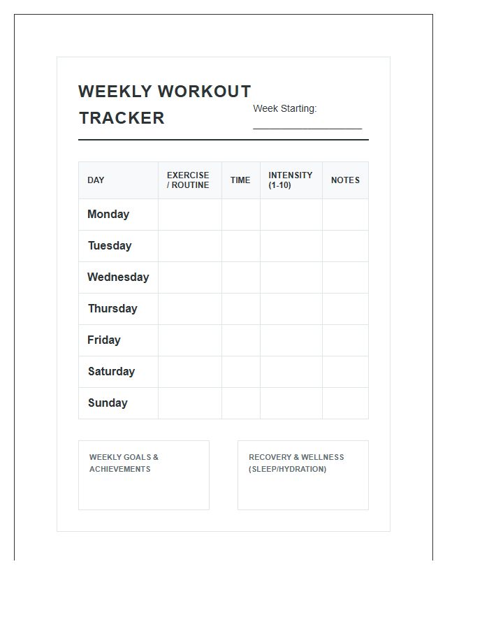 Printable Weekly Home Workout Monitoring Chart