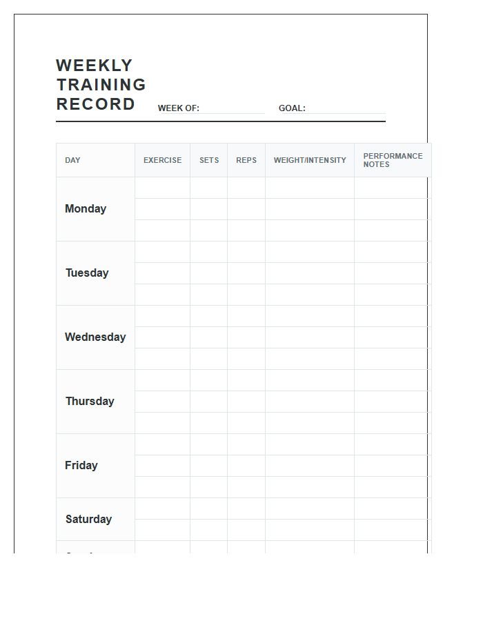 Printable Weekly Personal Training Record Chart