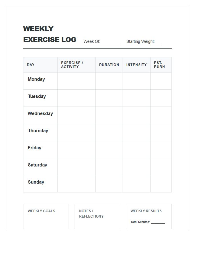 Printable Weekly Weight Loss Exercise Chart