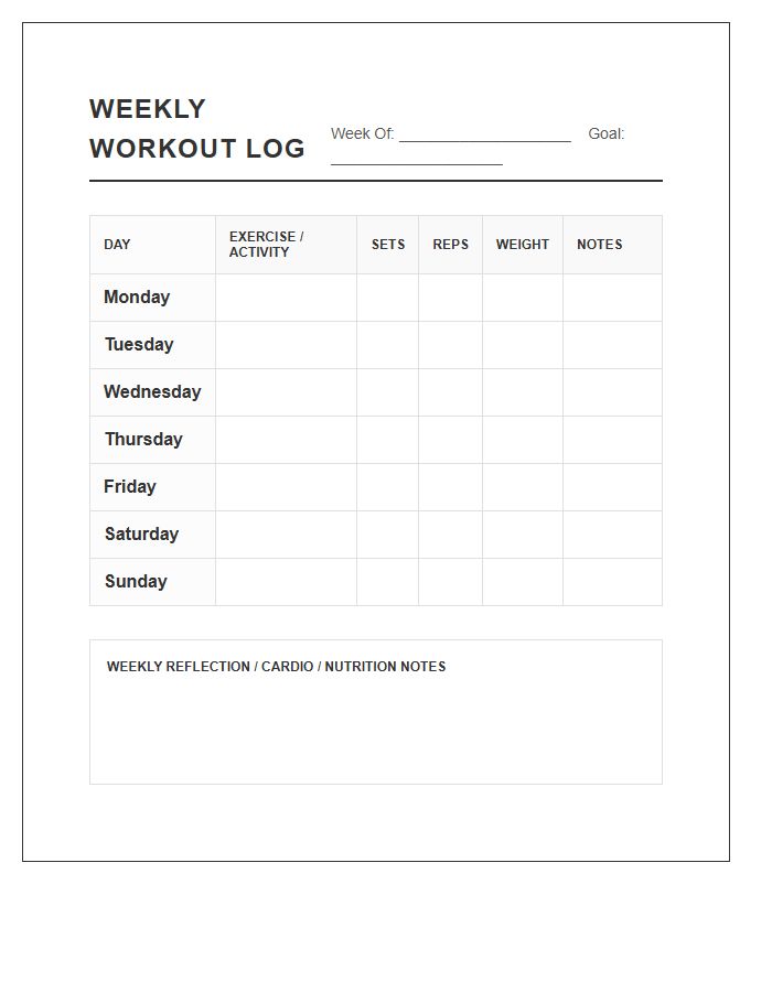Printable Weekly Workout Routine Log Chart