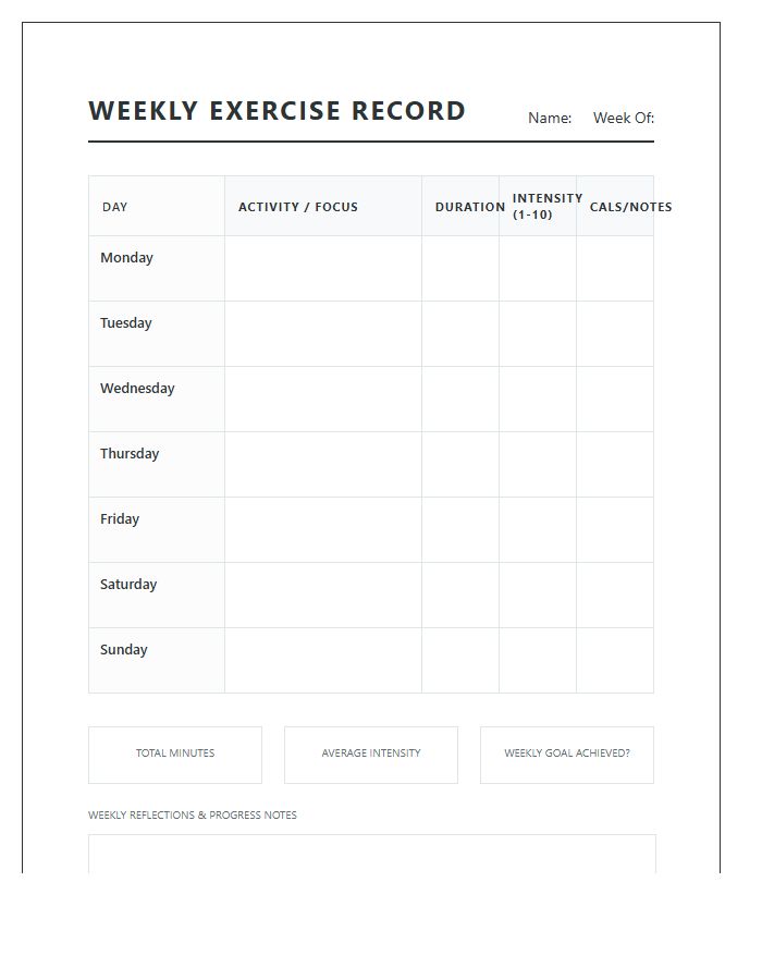 Professional Printable Weekly Exercise Record Chart