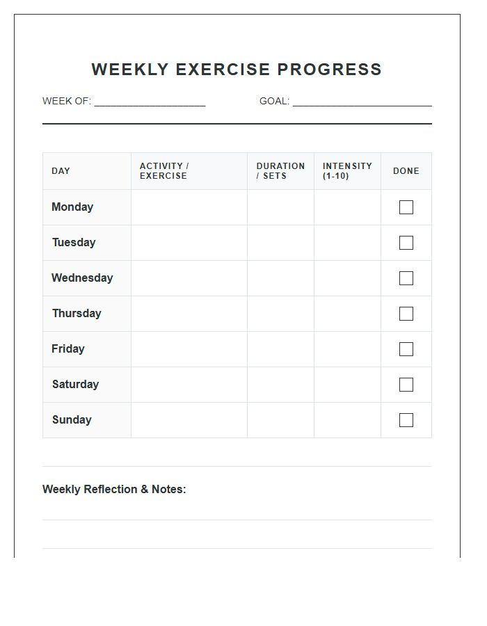 Simple Printable Weekly Exercise Progress Chart
