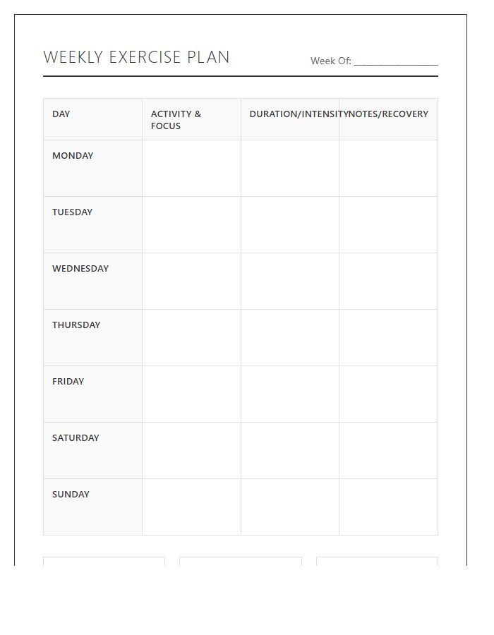 Standard Printable Weekly Exercise Planning Chart