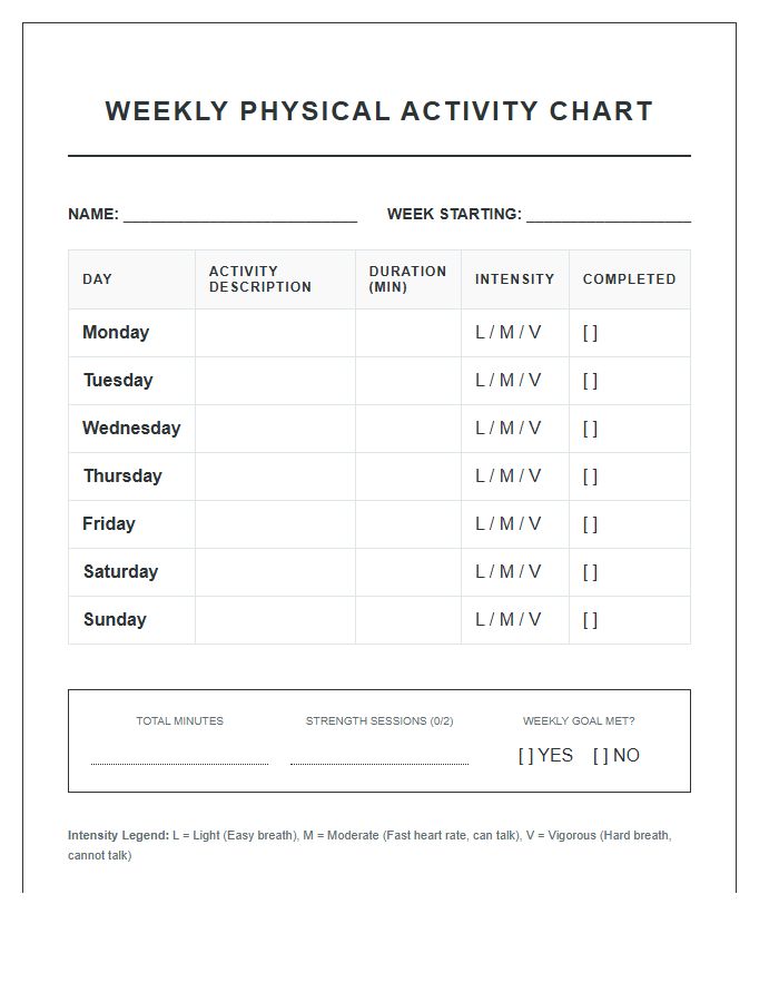 Universal Printable Weekly Physical Activity Chart