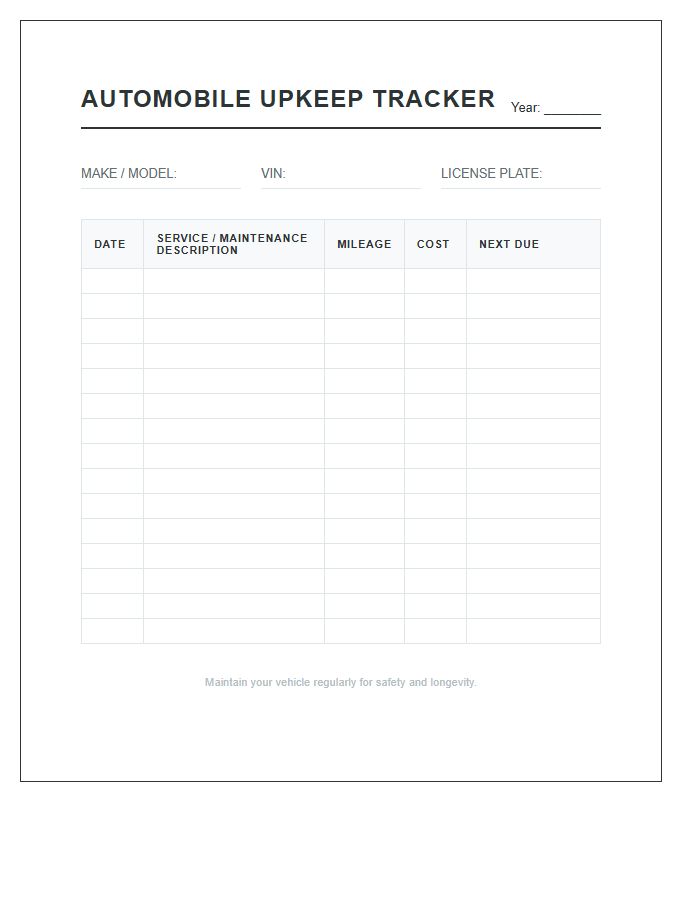 Automobile Upkeep Tracker Printable Chart
