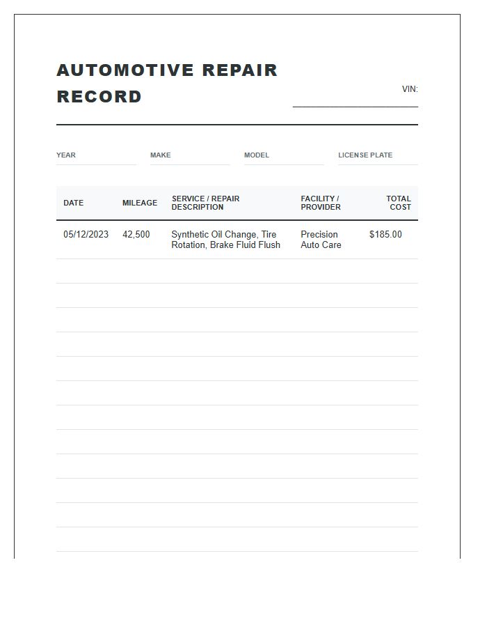 Automotive Repair Record Printable Chart