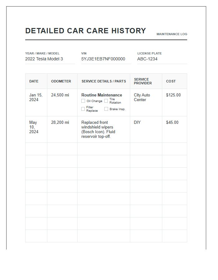 Detailed Car Care History Printable Chart
