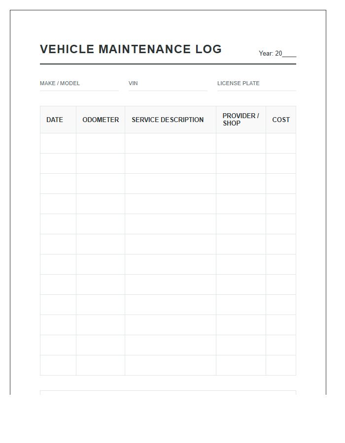 Personal Vehicle Maintenance Printable Chart