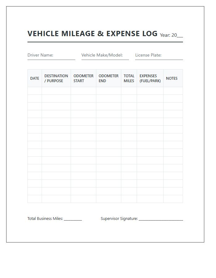 Printable Business Vehicle Log Chart