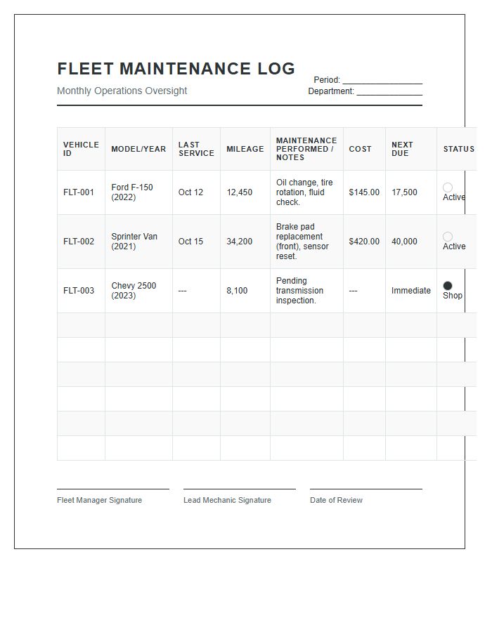 Printable Fleet Maintenance Management Chart