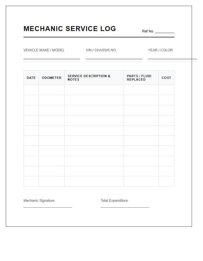 Printable Mechanic Service Log Chart