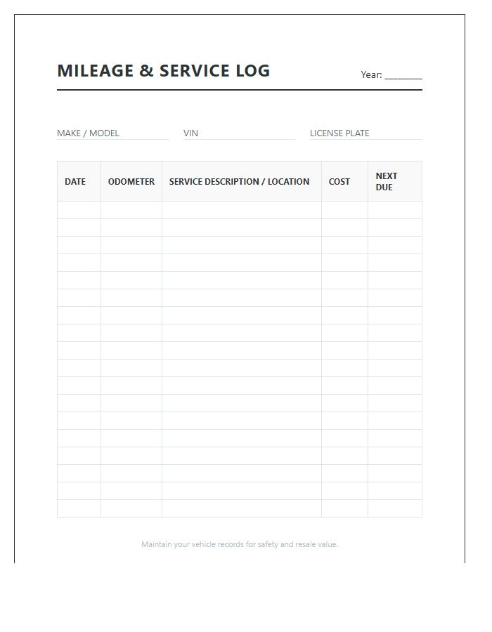 Printable Mileage And Service Chart