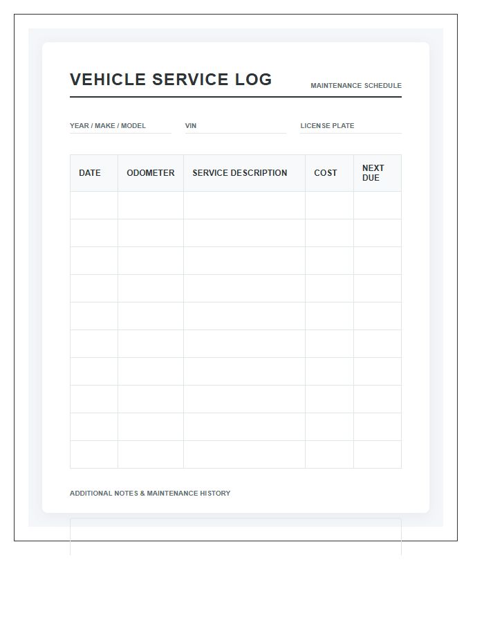 Printable Motor Vehicle Service Chart
