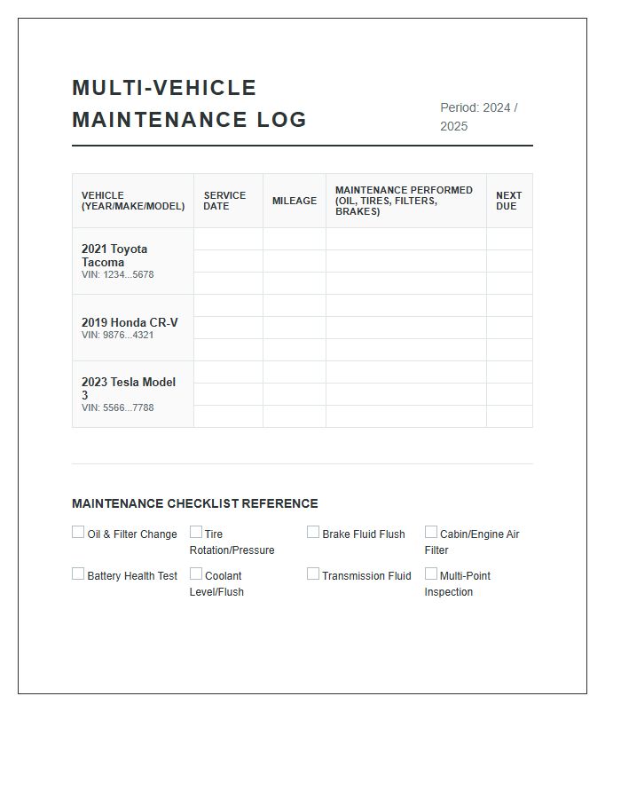 Printable Multi Vehicle Maintenance Chart