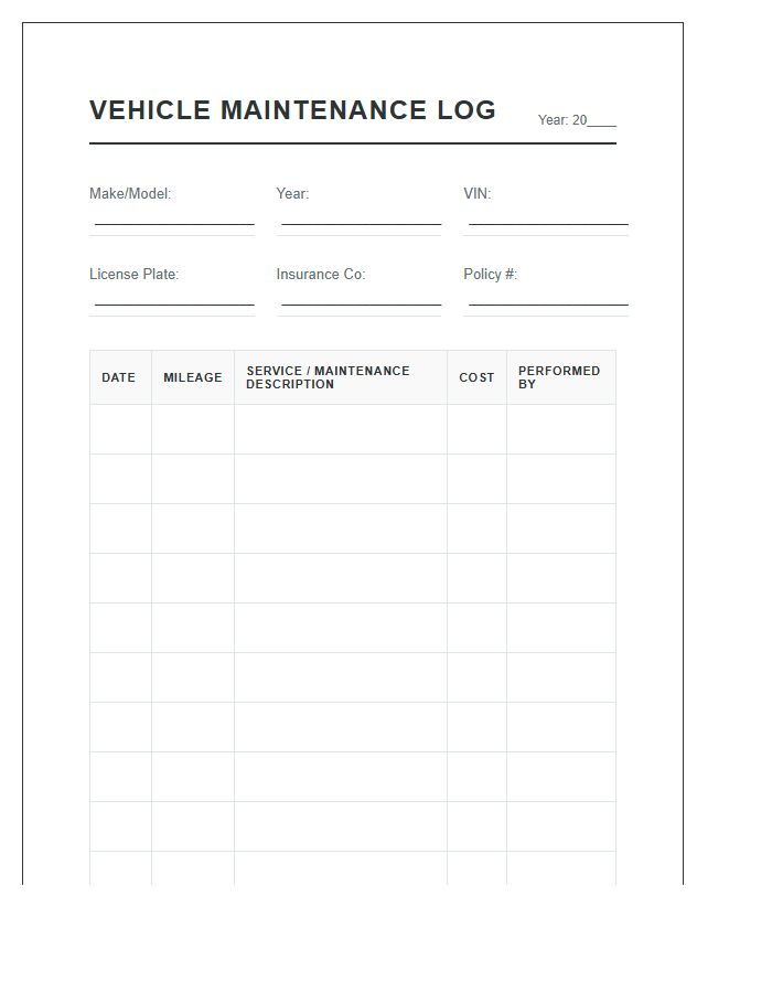 Printable Vehicle Maintenance Log Chart