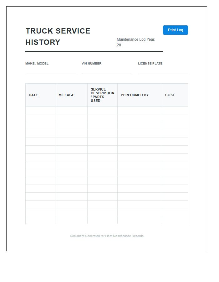 Truck Service History Printable Chart