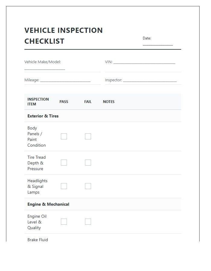 Vehicle Inspection Checklist Printable Chart