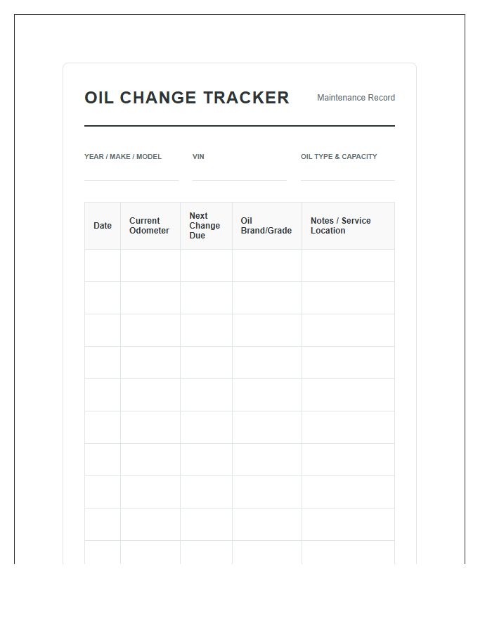 Vehicle Oil Change Tracker Printable Chart